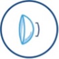 A grey circle icon with a contact lens in the middle that reads PUPIL OPTIMISED DESIGN